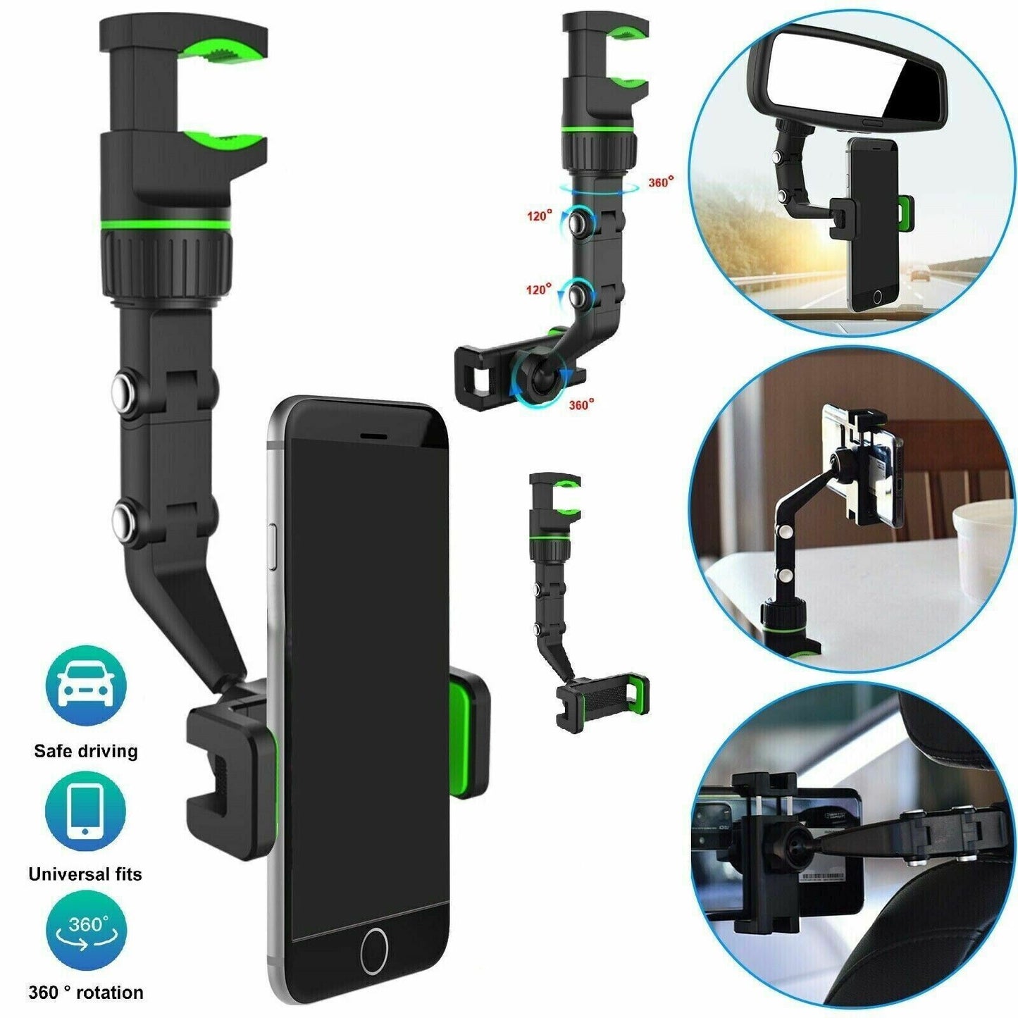 360° Car Rearview Mirror Rotation Adjustable Phone Holder Mount